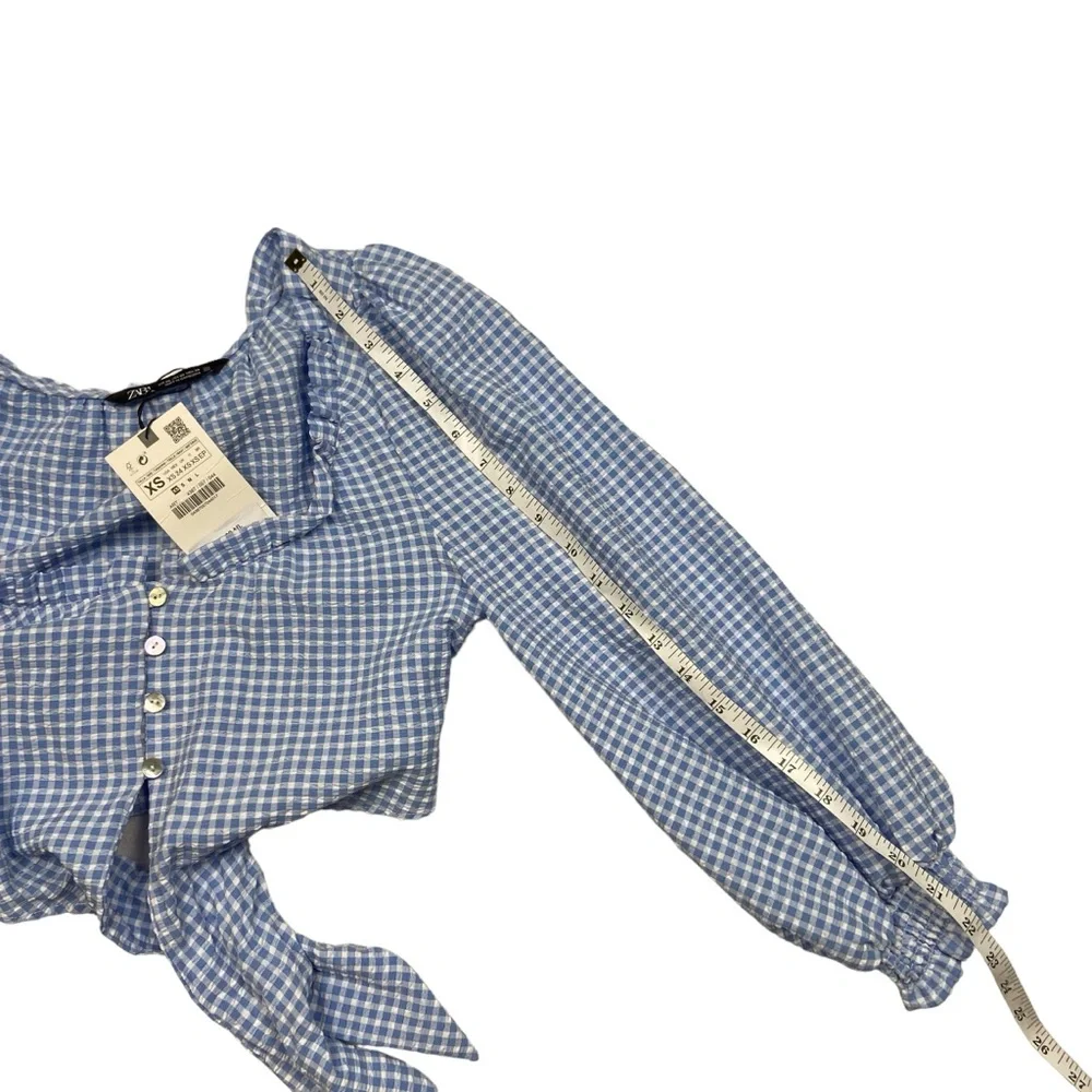 NWT ZARA Blue White Gingham Coquette Long Puff Sleeves Crop Top NWT XS